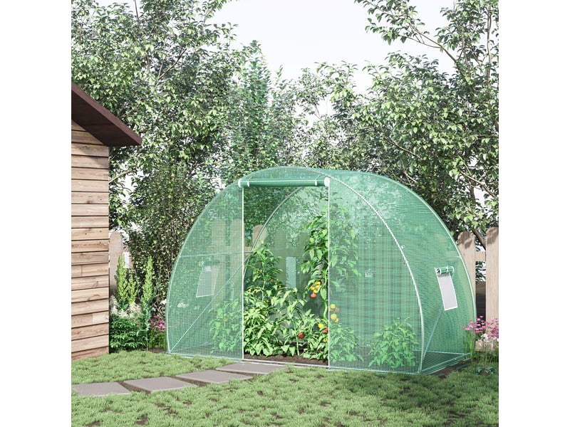  Serre tunnel avec porte et fenêtres enroulables, couverture en pe et structure en acier, 1,5 x 3 x 2 m, verte  - Conforama D