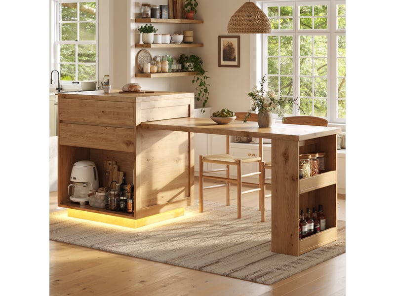  Îlot de cuisine longueur 122-194.5 cm - éclairage led - extensible - 6 places - 2 à 6 personnes - grand rangement - étagères réglables - bois naturel CozyNest - Conforama B