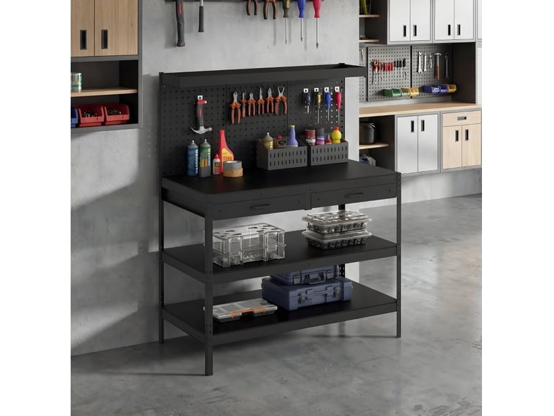 Établi 122x61x156 cm avec panneaux perforés et 2 tiroirs métal et mdf noir - Conforama B