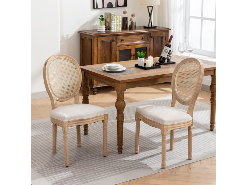  Lot de 2 chaises médaillon style français en tissu effet lin beige et cannage pieds bois vieilli  - Conforama D