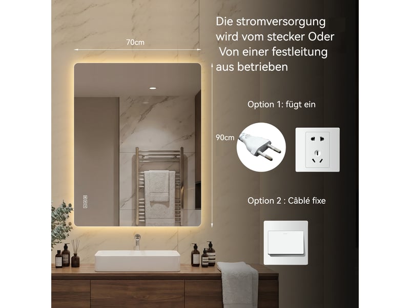  Miroir led salle de bain 70 x 90 cm, sans cadre rétroéclairé  - Conforama C