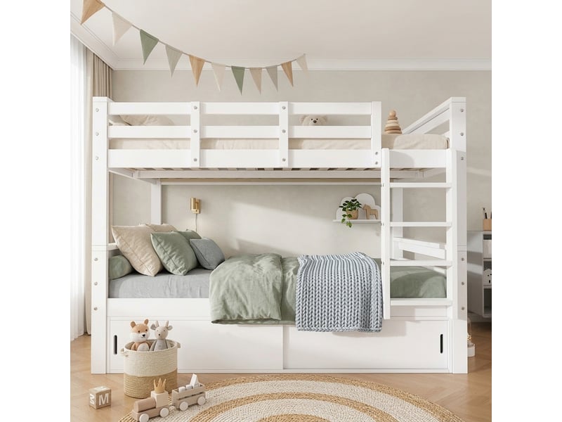  Lit superposé enfant 90x200 cm - 2 lits séparables, portes coulissantes et échelle - pin et mdf - blanc CozyNest - Conforama E