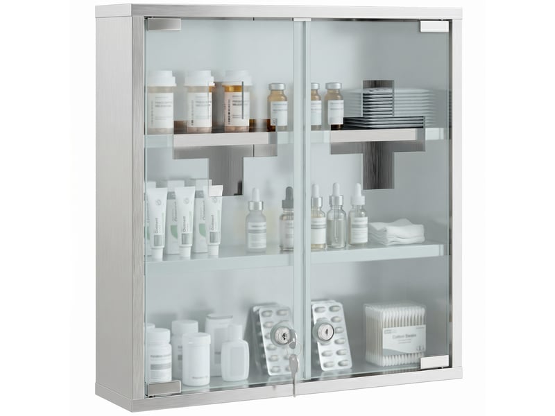  Armoire à pharmacie murale avec serrure, portes vitrées, étagères et 2 clés pour salle de baincuisine, 46 x 12 x 48 cm, argent  - Conforama A