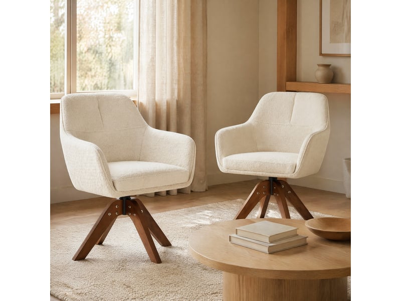  Lot de 2 chaises pivotantes 360° avec accoudoirs  - dossier ergonomique, tissu crème et bois noyer  - Conforama C