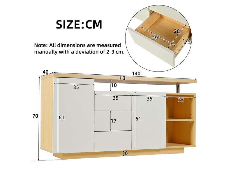  Buffet 140 cm 2 portes 3 tiroirs blanc et chêne avec éclairage led  - Conforama C