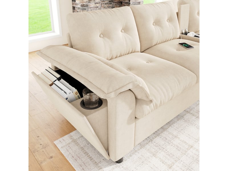 Canapé modulable 6 places en chenille beige, 312 cm, 2 poufs coffres et led IKSETERA TRADING LTD - Conforama R