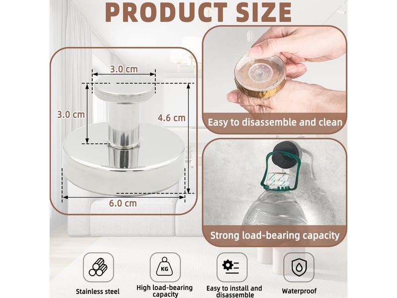 Crochet ventouse 2 pièces, sans perçage, amovible et réutilisable, pour serviette, cuisine, salle de bain et surfaces lisses - argent brillant, gris  - Conforama B