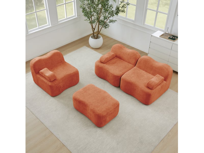  Canapé d'angle modulable 3 places en velours orange avec ottoman, silhouette vague, confort quotidien  - Conforama E