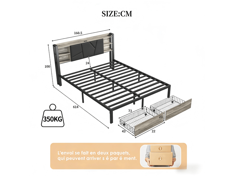  Lit 2 places 160x200 cm - pu noir - led rgb, usb et 2 tiroirs  - Conforama C