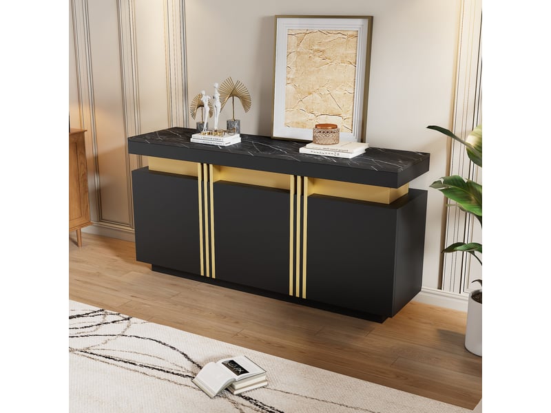  Buffet noir et or bahut 3 portes meuble de rangement 140 cm plateau effet marbre  - Conforama E