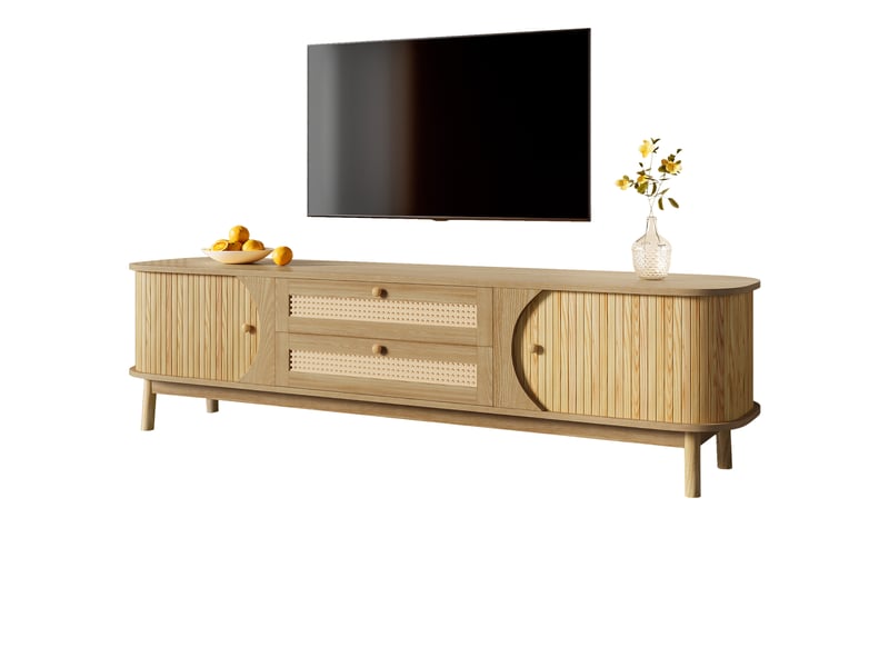  Meuble tv 170 x 39,5 x 46 cm avec portes coulissantes et tiroirs en rotin  - Conforama A