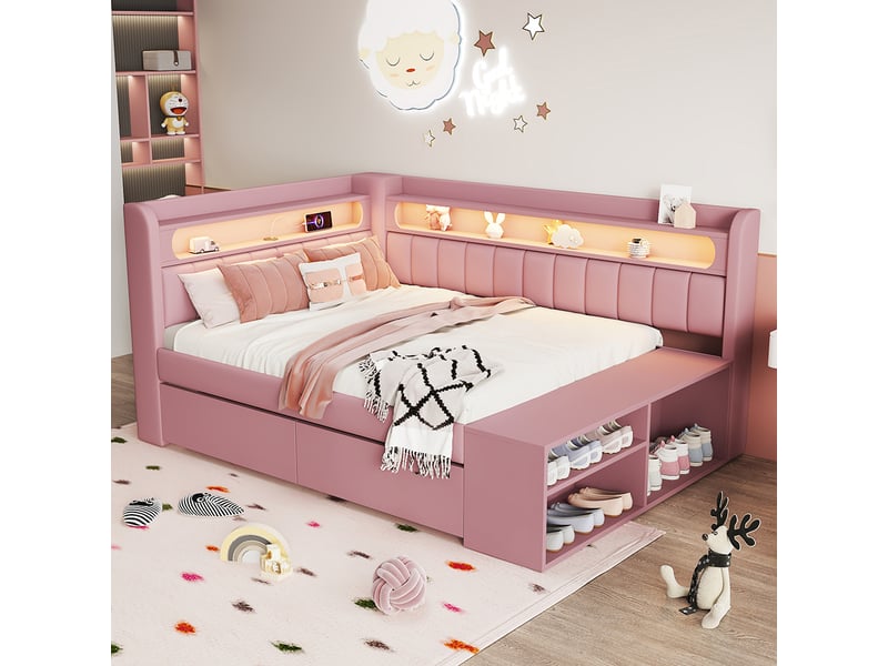  Canapé-lit rembourré 90 x 200 cm avec port usb et led, comprenant un meuble à chaussures et deux tiroirs, tissu lin, rose  - Conforama B