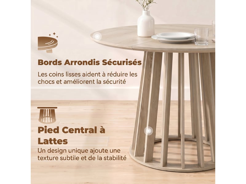 Table à manger ronde pour 4 à 6 personnes, 120 x 75 cm, bois naturel, table de cuisine avec piétement à lattes robuste - Conforama E