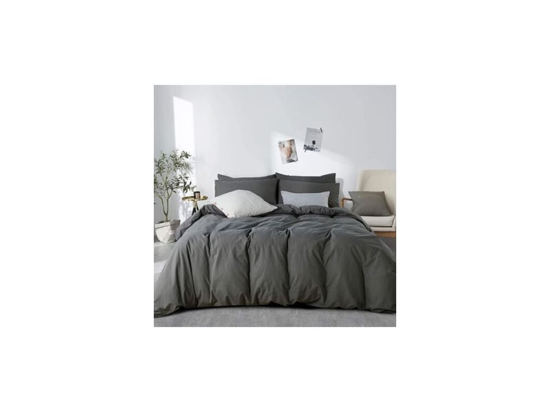  Bunthaus housse de couette 200 x 230 cm coton gris anthracite couleur unie parure de lit 2 personnes avec fermeture éclair aspect ridée naturel housse couette avec 2 taie d'oreiller 65x65 cm  - Conforama A