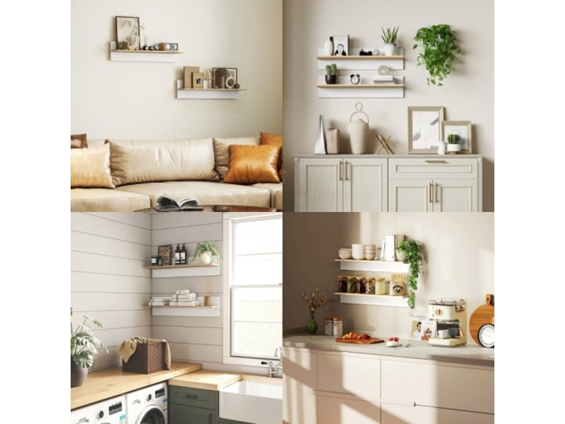  Lot de 2 étagères murales blanches et bois naturel, flottantes, pour cuisine et salon  - Conforama E
