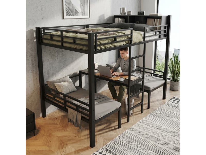  Lit superposé multifonction 120x200cm avec 2 couchages banquettes inférieurs 60x120cm, échelle droite et étagère, métal, noir evarich - Conforama E
