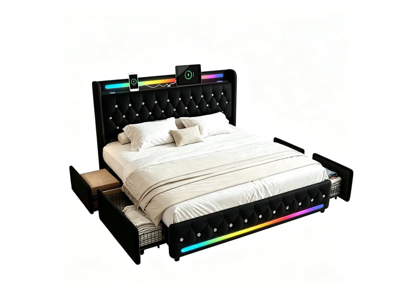  Lit 2 places 140x200 cm noir avec bluetooth, 4 tiroirs, led, ports usb+type-c sans matelas EBD852F-BK - Conforama A