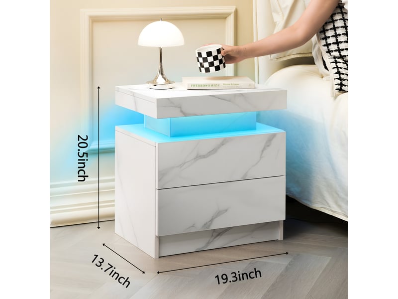  Table de chevet,50x53x36 cm,2 tiroirs avec éclairage led,blanc mat  - Conforama C