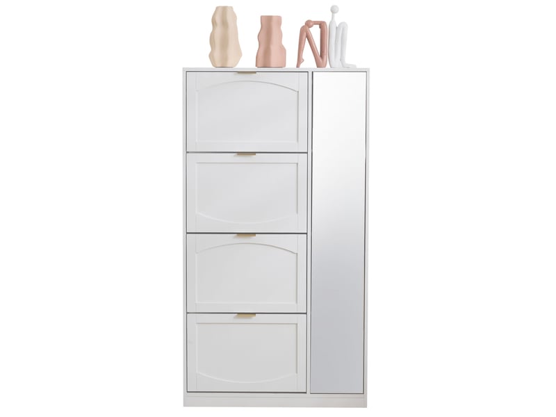  Meuble à chaussures 80x24x147 cm avec miroir, 4 abattants et étagères réglables, rangement gain de place - Blanc Fay Lum - Conforama A
