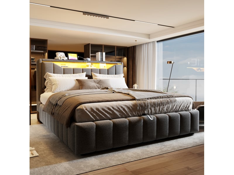  Lit coffre 180 × 200 cm 2 places avec led, usb et usb-c, rangement hydraulique, sans matelas, tissu gris  - Conforama B