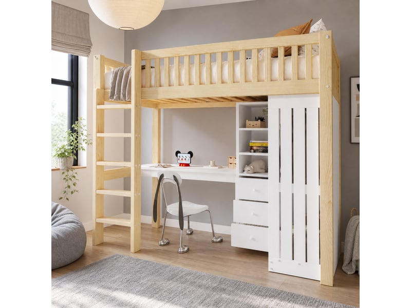  Lit mezzanine enfant 200×90 cm avec bureau, armoire, 3 tiroirs et escalier, sans matelas, en pin et mdf blanc et naturel  - Conforama B