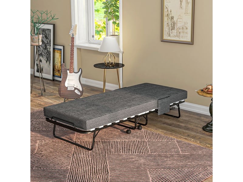  Lit pliant, matelas, 4 roues, cadre en métal, jusqu'à 150 kg, 190 x 80 x 42 cm, gris foncé  - Conforama C