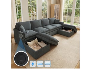 Canapé d'angle panoramique fixe <strong>STILVORA</strong> <strong></strong> 6 places Coton / Lin gris avec coffre de rangement