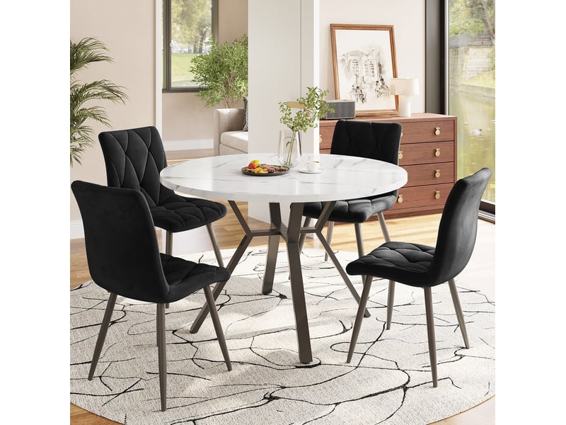  Table à manger ronde 100 cm effet marbre blanc, piètement en métal noir en x, mdf  - Conforama D