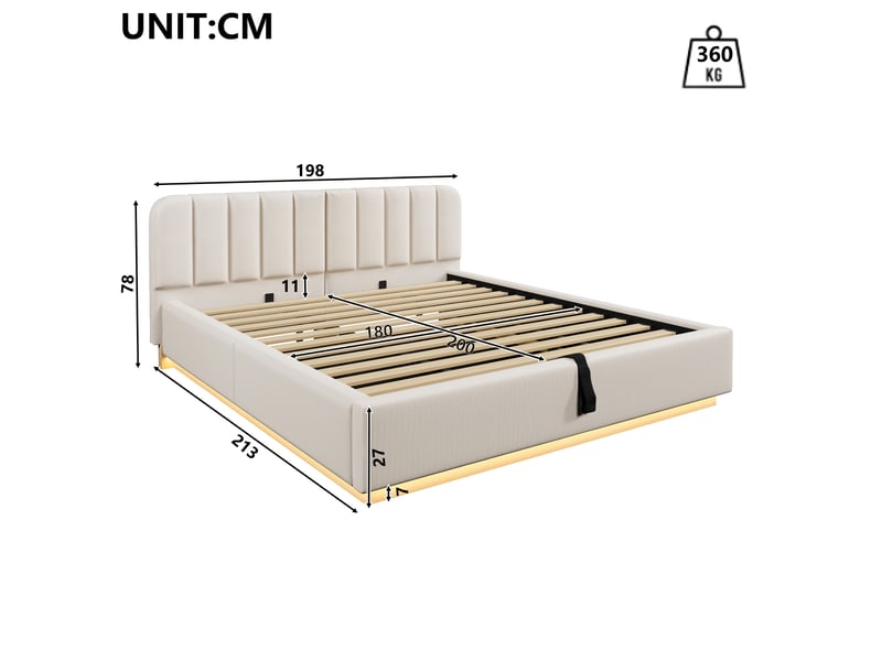  Lit coffre rembourrée 180x200 cm lit double avec rangement hydraulique, led, sommier à lattes, chenille beige evarich - Conforama C