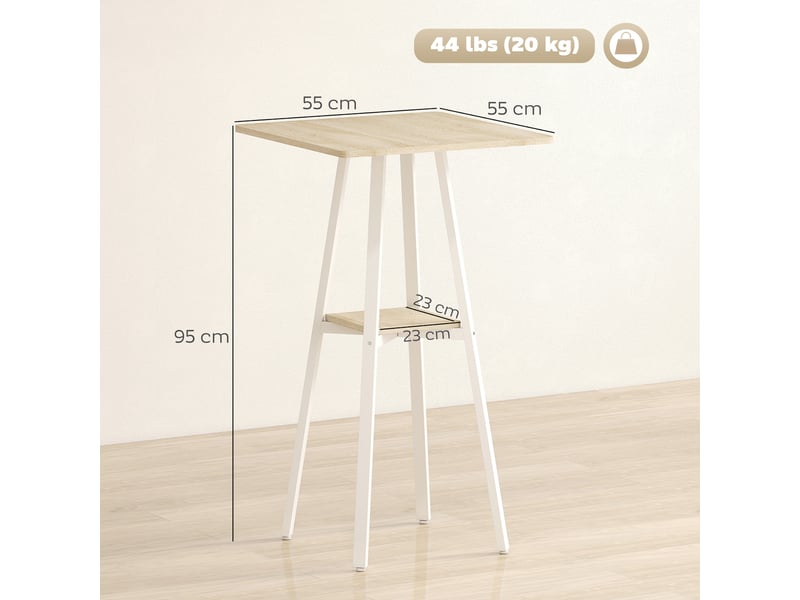  Table de bar carrée pour 2 personnes, table haute cuisine mange-debout avec étagère, 55 x 55 x 95 cm, naturel et blanc  - Conforama E