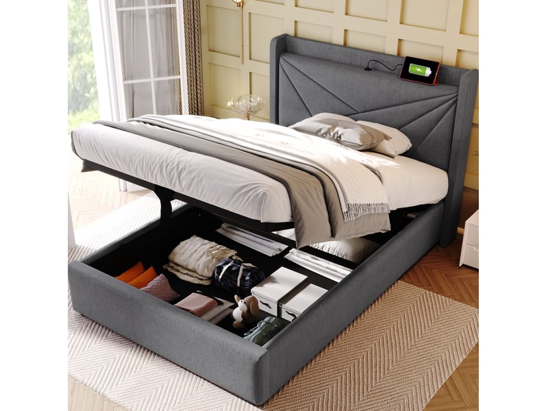  Lit avec rangement 90 × 200 cm 1 place, usb et type-c, avec matelas, tête de lit en tissu gris  - Conforama B