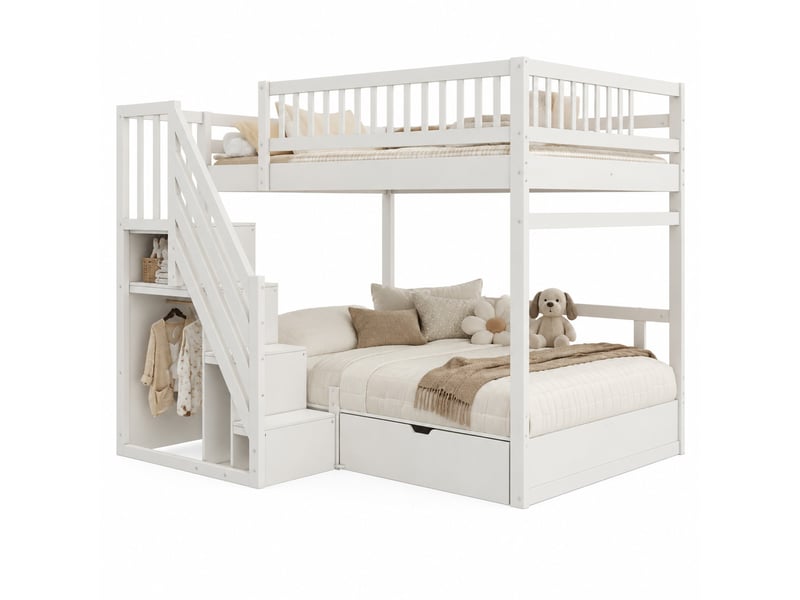  Lit superposé 140x200 cm avec garde-corps hauts, échelle de rangement et tiroirs intégrés, bois, blanc, sans matelas  - Conforama A