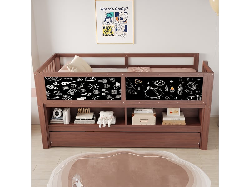 Lit enfant 90 x 200 cm marron avec lit gigogne, rangements ouverts et tableau à craie - Conforama B