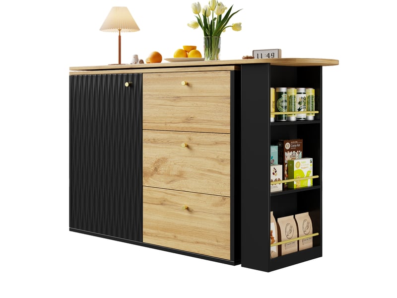  Table bar 138-204x39x104 cm noire en mdf, pivotante à 360°, extensible, rangement intégré pour cuisine  - Conforama E