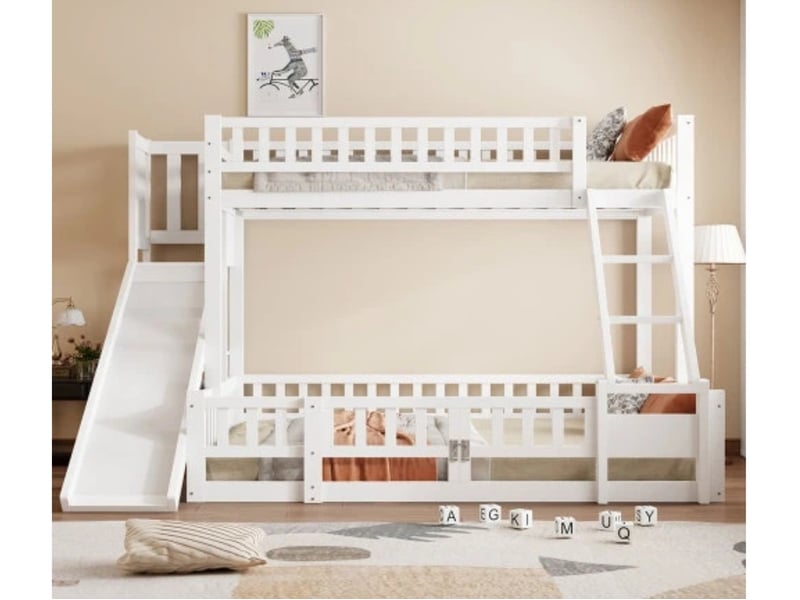 Lit superposé 90×200 + 140×200, toboggan, garde-corps, pin, en747, blanc  - Conforama B