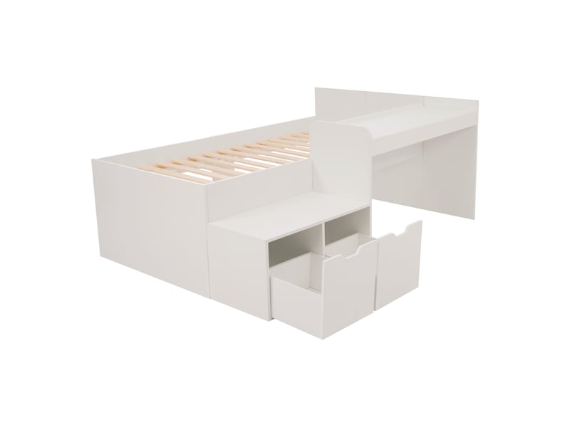  Lit enfant avec tiroirs 90x200 blanc en bois massif avec bureau intégré et sommier à lattes  - Conforama A