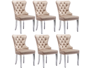 Chaises élégance lot de 6, velours beige, pieds métal, clous décoratifs, dossier unique moderne