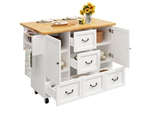 Îlot de cuisine mobile extensible 120x73x93 cm avec 5 tiroirs, blanc