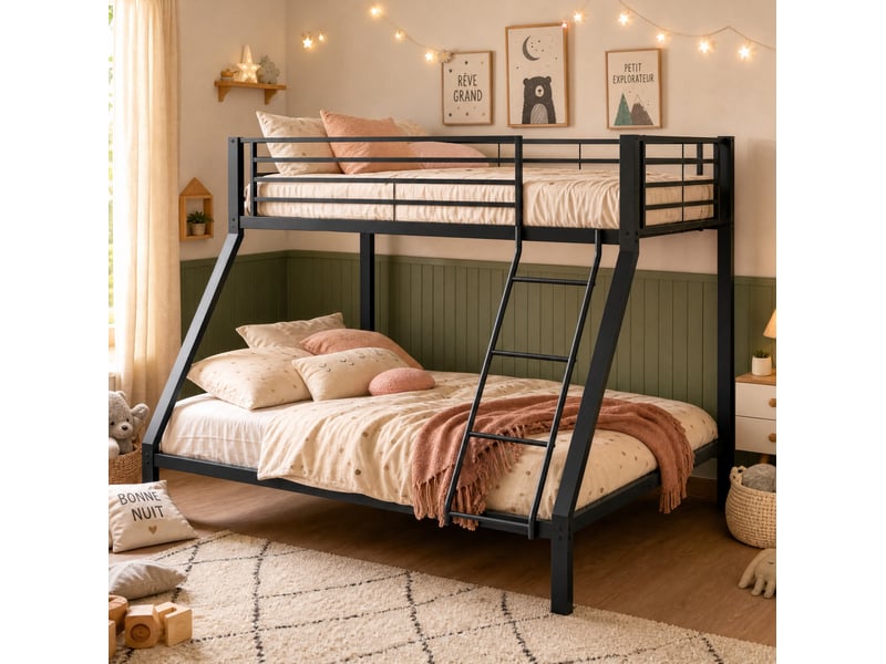 Lit superposé en métal noir 90x200 et 140x200 cm, échelle réversible, barrières de sécurité, sans matelas  - Conforama E