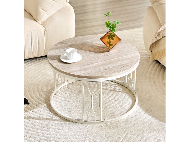  Table basse ronde – plateau mdf effet bois et structure métal blanc – ø 70 x h 40,5 cm  - Conforama C