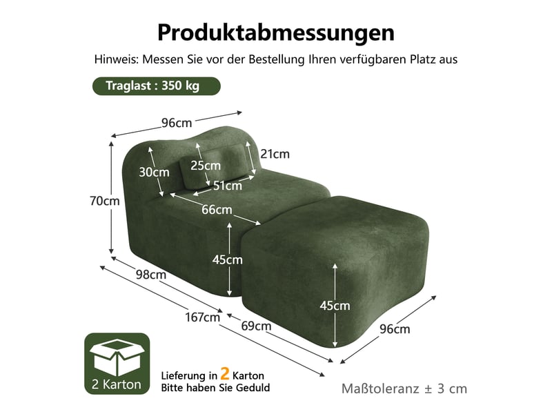  Fauteuil avec pouf - 96x167x70 cm - chauffeuse méridienne modulable velours, mousse 32d sans structure rigide 350kg - vert  - Conforama E