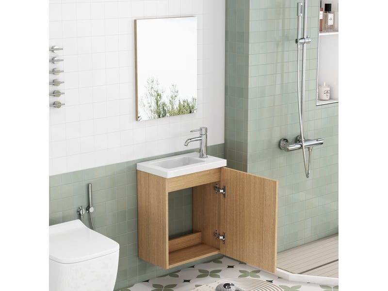  Meuble sous vasque mural avec miroir, porte amortie et vasque en céramique, chêne, salle de bain 40 × 25 × 48 cm  - Conforama E