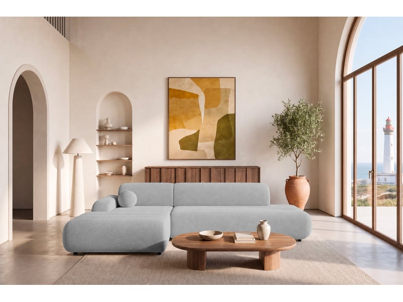  Bordilla - canapé d'angle convertible tissu chenille 4 places gris clair gauche  - Conforama D