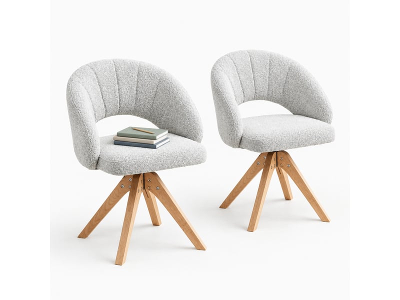  Lot de 2 chaises de salle à manger pivotantes 360° en velours texturé gris clair et bois, style rétro  - Conforama A