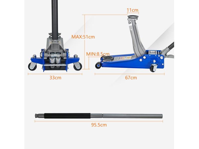  Cric rouleur hydraulique 3 tonnes 67 x 33 cm bleu et argent, acier et aluminium, double pompe rapide  - Conforama C