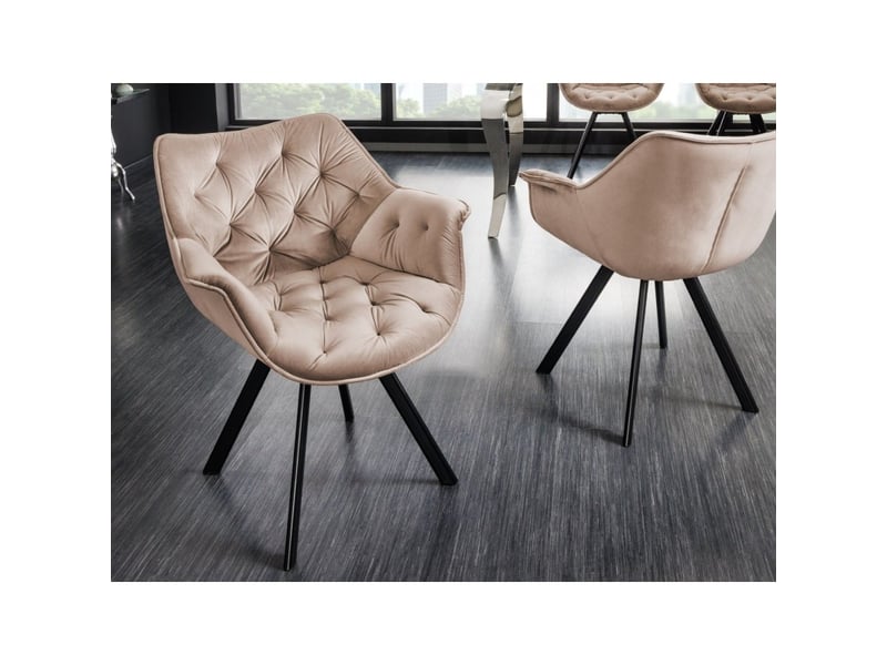  Lot de 2 chaises design comfy pivotantes à 180° en velours beige champagne capitonné et pieds noirs  - Conforama D