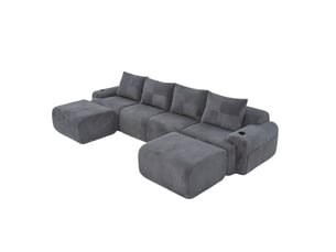Canapé modulable 4 places avec 2 poufs en velours côtelé gris foncé