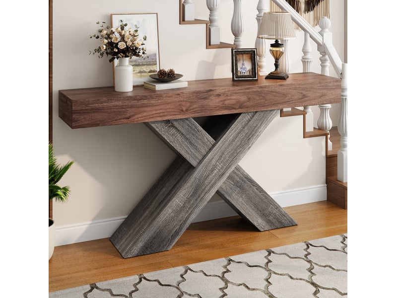  Console avec structure en x et plateau ouvert, effet bois, pour entrée et salon, en panneau de particules, noyer  - Conforama D