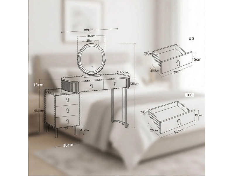  Coiffeuse 125x40x100 cm blanc et marron en mdf, bois et métal, 5 tiroirs, miroir led réglable  - Conforama C