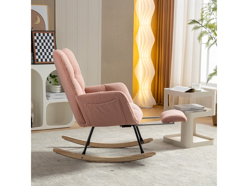  Rocking chair avec repose-pieds, fauteuil à bascule rose en tissu bouclette pour salon et allaitement  - Conforama W